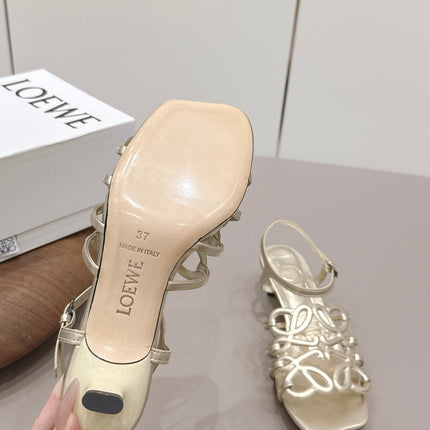 LOEWE 26S SQUARE TOE HEEL SANDALS 50MM IN GOLD CALFSKIN LOGO