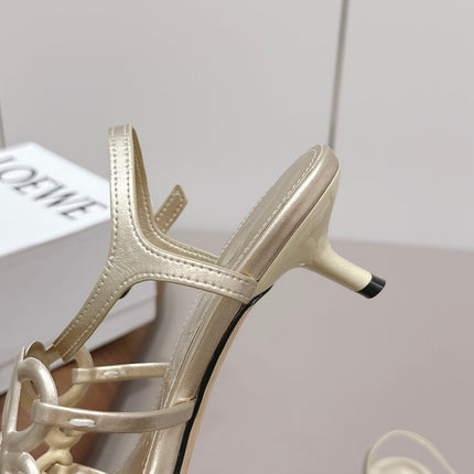 LOEWE 26S SQUARE TOE HEEL SANDALS 50MM IN GOLD CALFSKIN LOGO