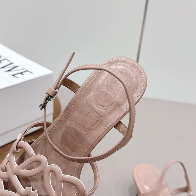 LOEWE 26S SQUARE TOE HEEL SANDALS 50MM IN PINK CALFSKIN LOGO