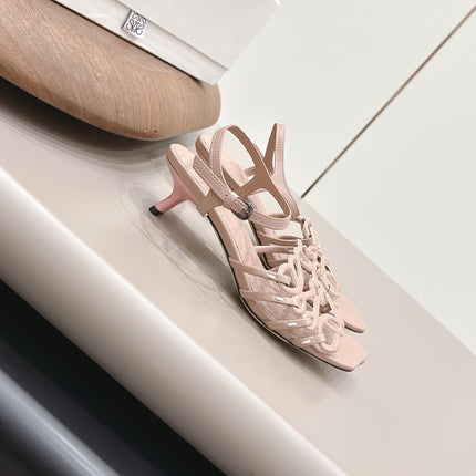 LOEWE 26S SQUARE TOE HEEL SANDALS 50MM IN PINK CALFSKIN LOGO