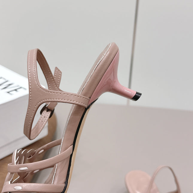 LOEWE 26S SQUARE TOE HEEL SANDALS 50MM IN PINK CALFSKIN LOGO