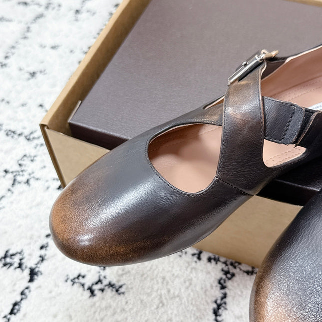 ALAIA 26S CROSS-STRAP BALLET FLATS IN MOTTLED DARK BROWN LAMBSKIN