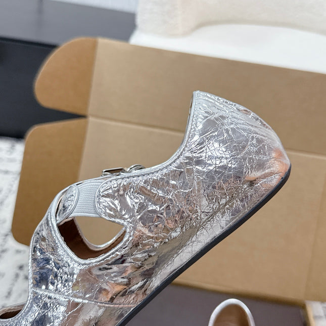 ALAIA 26S CROSS-STRAP BALLET FLATS IN SILVER LAMBSKIN