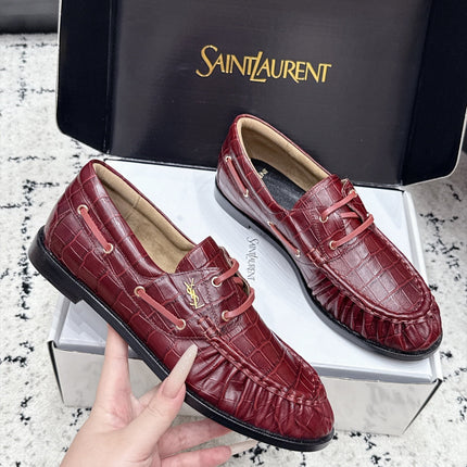 YSL 26S LOAFERS IN DARK RED CALFSKIN WITH CROCODILE EMBOSSING