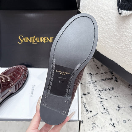 YSL 26S LOAFERS IN CHOCOLATE BROWN CALFSKIN WITH CROCODILE EMBOSSING