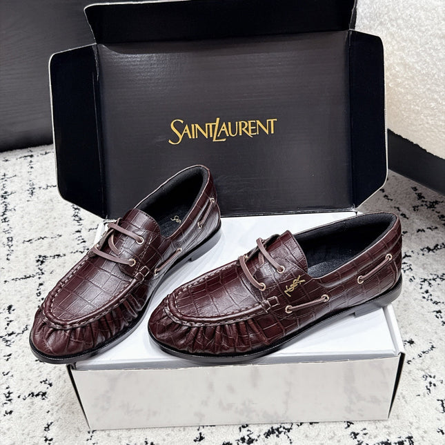 YSL 26S LOAFERS IN CHOCOLATE BROWN CALFSKIN WITH CROCODILE EMBOSSING
