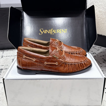 YSL 26S LOAFERS IN BROWN CALFSKIN WITH CROCODILE EMBOSSING
