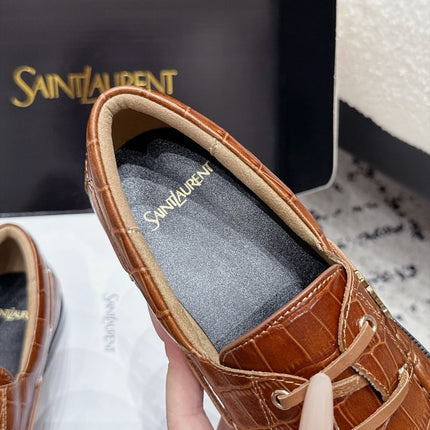 YSL 26S LOAFERS IN BROWN CALFSKIN WITH CROCODILE EMBOSSING