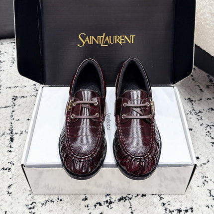 YSL 26S LOAFERS IN DARK RED GLOSSY CALFSKIN WITH CROCODILE EMBOSSING