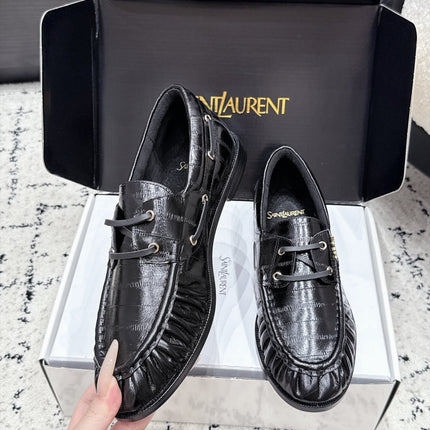 YSL 26S LOAFERS IN BLACK GLOSSY CALFSKIN WITH CROCODILE EMBOSSING