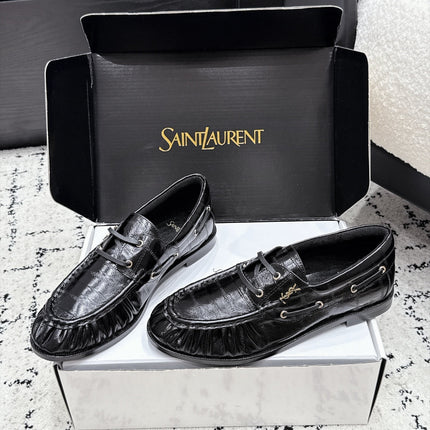 YSL 26S LOAFERS IN BLACK GLOSSY CALFSKIN WITH CROCODILE EMBOSSING