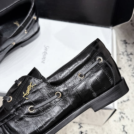 YSL 26S LOAFERS IN BLACK GLOSSY CALFSKIN WITH CROCODILE EMBOSSING
