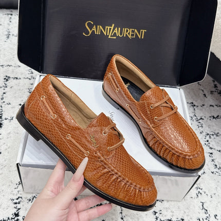 YSL 26S LOAFERS IN CAMEL BROWN CALFSKIN WITH SNAKESKIN EMBOSSING