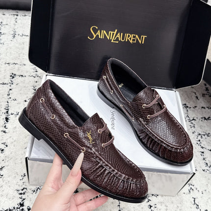 YSL 26S LOAFERS IN DARK BROWN CALFSKIN WITH SNAKESKIN EMBOSSING