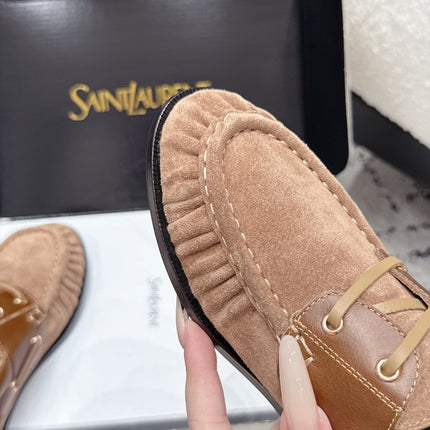 YSL 26S LOAFERS IN NUDE BROWN SUEDE & CALFSKIN WITH HORIZONTAL STRAP