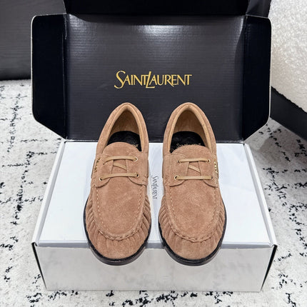 YSL 26S LOAFERS IN NUDE BROWN SUEDE WITH HORIZONTAL STRAP