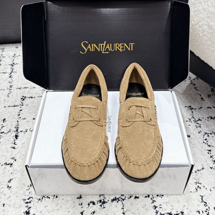 YSL 26S LOAFERS IN DARK BEIGE SUEDE WITH HORIZONTAL STRAP