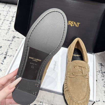 YSL 26S LOAFERS IN DARK BEIGE SUEDE WITH HORIZONTAL STRAP