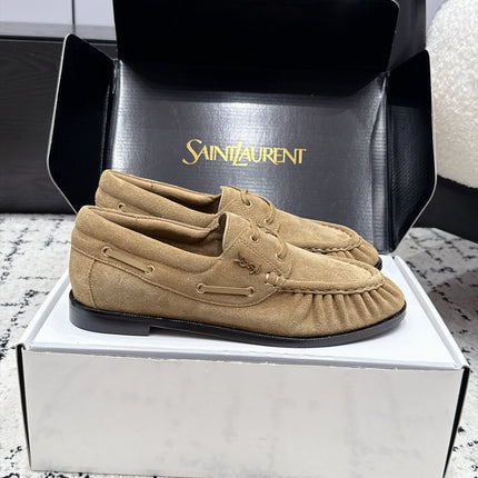 YSL 26S LOAFERS IN DARK BEIGE SUEDE WITH HORIZONTAL STRAP