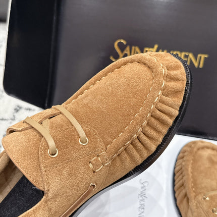 YSL 26S LOAFERS IN CAMEL SUEDE WITH HORIZONTAL STRAP