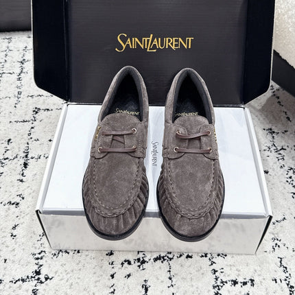 YSL 26S LOAFERS IN DARK GREY SUEDE WITH HORIZONTAL STRAP