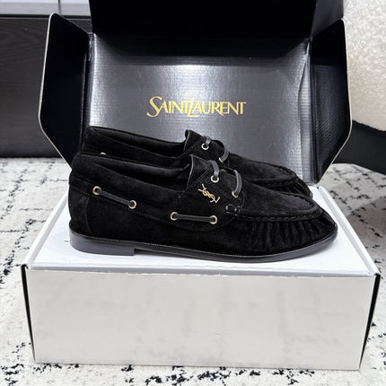 YSL 26S LOAFERS IN BLACK SUEDE WITH HORIZONTAL STRAP