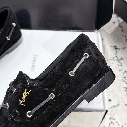 YSL 26S LOAFERS IN BLACK SUEDE WITH HORIZONTAL STRAP