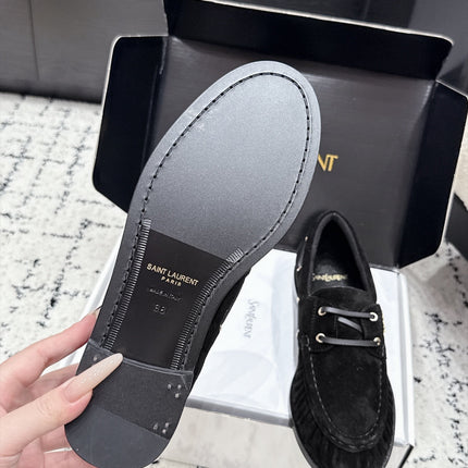 YSL 26S LOAFERS IN BLACK SUEDE WITH HORIZONTAL STRAP