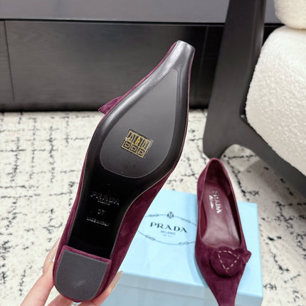 PRADA 26S POINTED-TOE BALLET IN BURGUNDY SUEDE