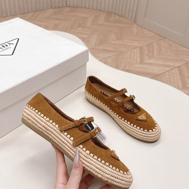 PRADA 26S MARY JANE ESPADRILLES SHOES IN CARAMEL BROWN SUEDE WITH LOGO