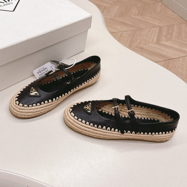 PRADA 26S MARY JANE ESPADRILLES SHOES IN BLACK CALFSKIN WITH LOGO