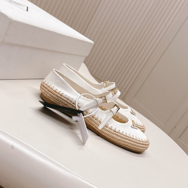 PRADA 26S MARY JANE ESPADRILLES SHOES IN WHITE CALFSKIN WITH LOGO