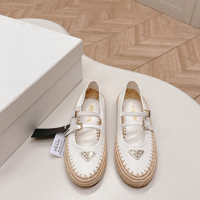 PRADA 26S MARY JANE ESPADRILLES SHOES IN WHITE CALFSKIN WITH LOGO