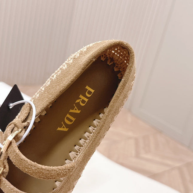 PRADA 26S MARY JANE ESPADRILLES SHOES IN BROWN SUEDE WITH LOGO