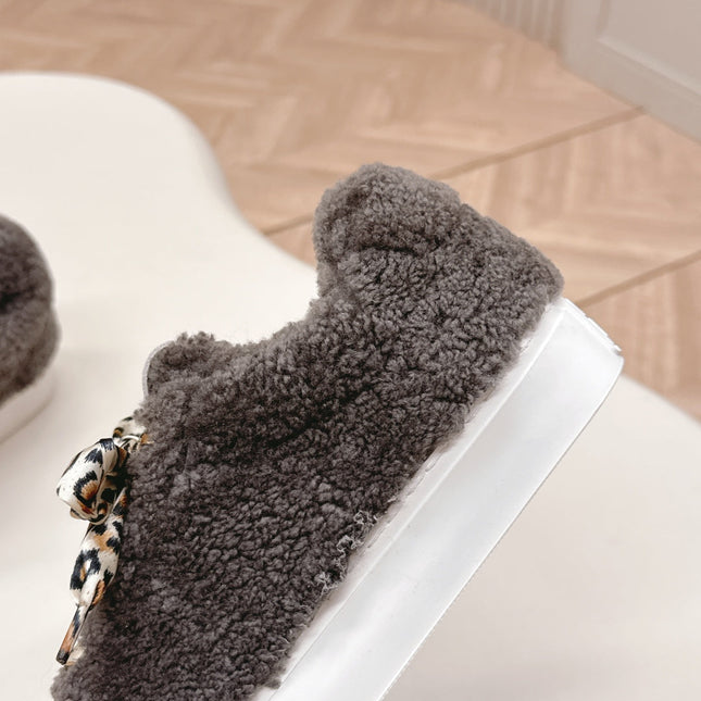 MIUMIU 25S SNEAKERS IN DARK BROWN SHEARLING WITH LEOPARD-PRINT LACES