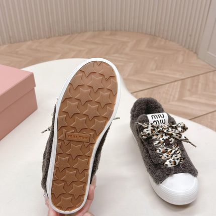 MIUMIU 25S SNEAKERS IN DARK BROWN SHEARLING WITH LEOPARD-PRINT LACES