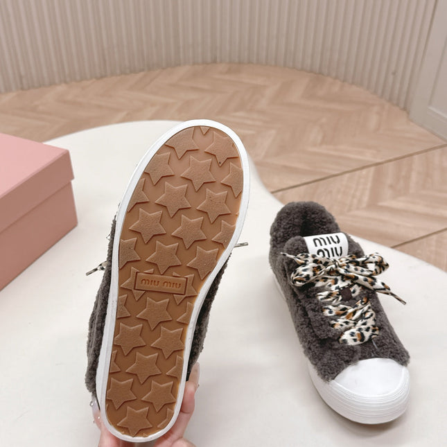 MIUMIU 25S SNEAKERS IN DARK BROWN SHEARLING WITH LEOPARD-PRINT LACES