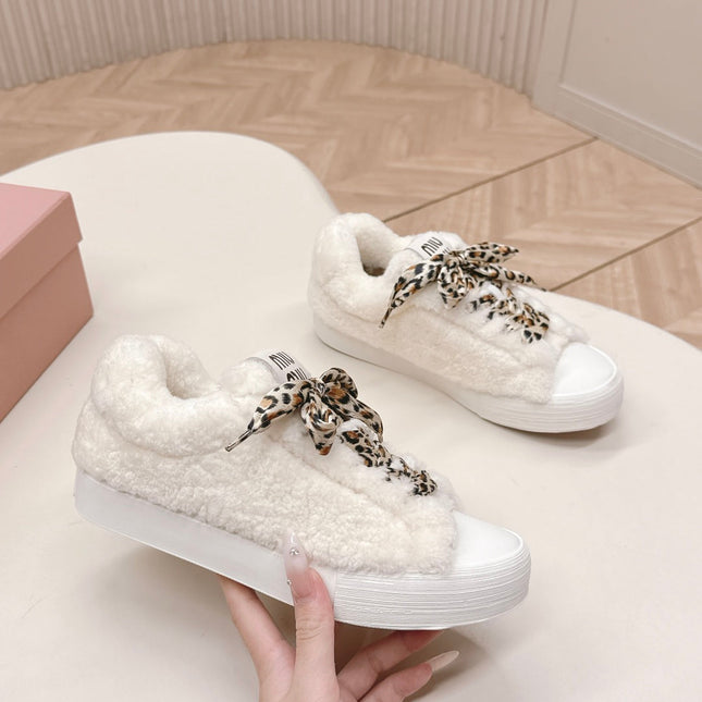 MIUMIU 25S SNEAKERS IN WHITE SHEARLING WITH LEOPARD-PRINT LACES