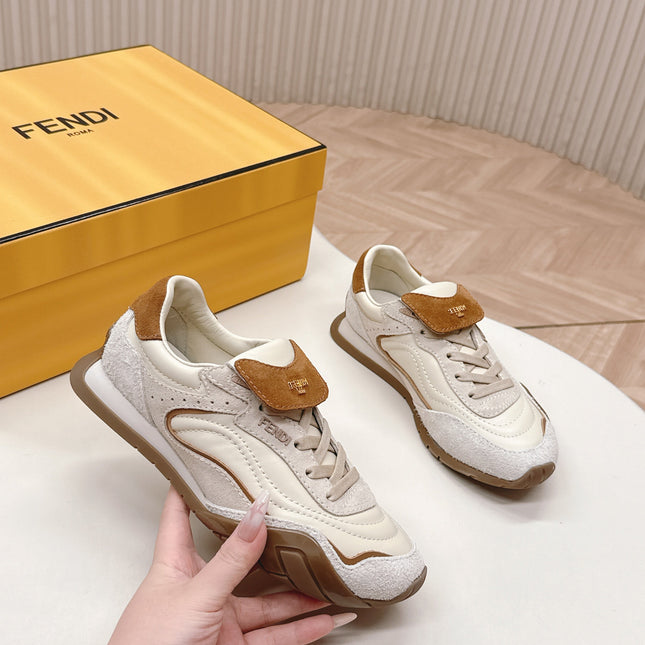 FENDI 25S CORTEZ RETRO SNEAKERS IN CREAM WHITE MIX BROWN LAMBSKIN