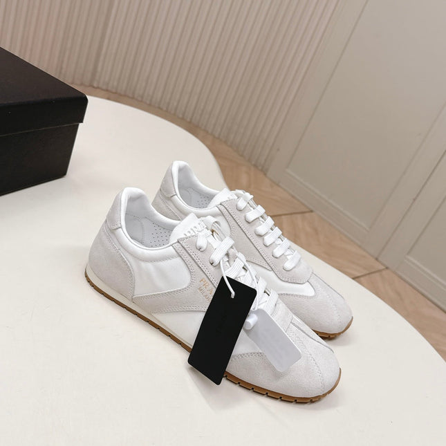 PRADA 26S CLASSIC SNEAKERS IN WHITE SUEDE AND NYLON
