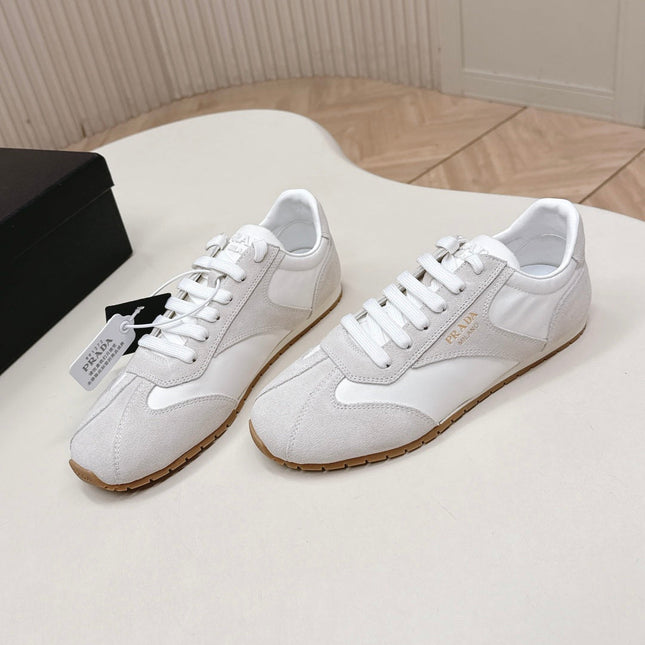 PRADA 26S CLASSIC SNEAKERS IN WHITE SUEDE AND NYLON