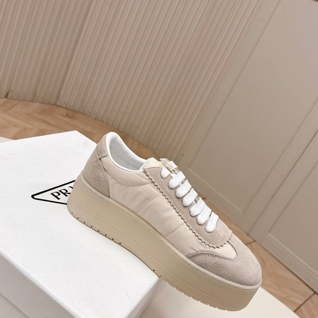 PRADA 26S PLATFORM SNEAKERS 50MM IN CREAM WHITE NYLON AND SUEDE