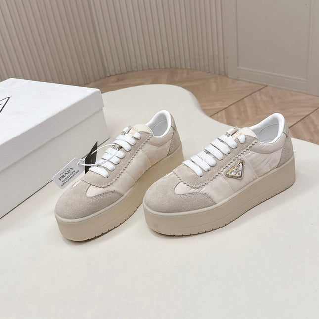 PRADA 26S PLATFORM SNEAKERS 50MM IN CREAM WHITE NYLON AND SUEDE