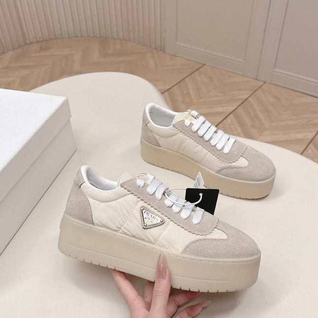 PRADA 26S PLATFORM SNEAKERS 50MM IN CREAM WHITE NYLON AND SUEDE