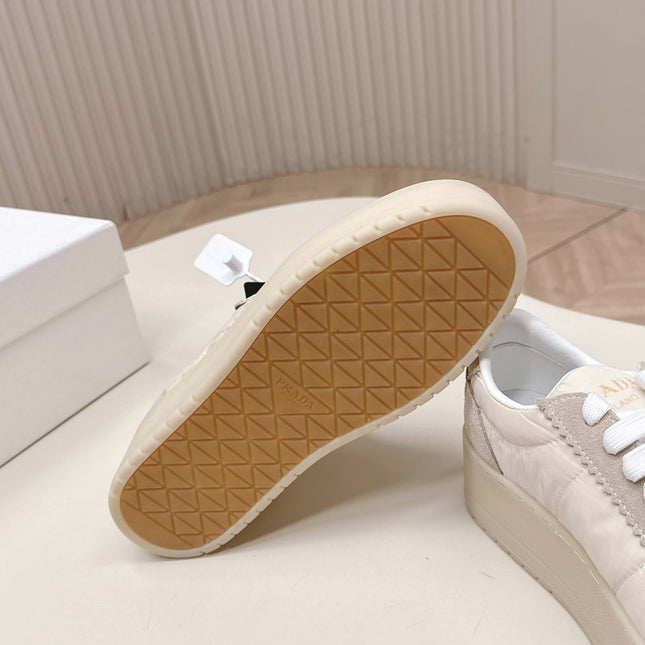 PRADA 26S PLATFORM SNEAKERS 50MM IN CREAM WHITE NYLON AND SUEDE