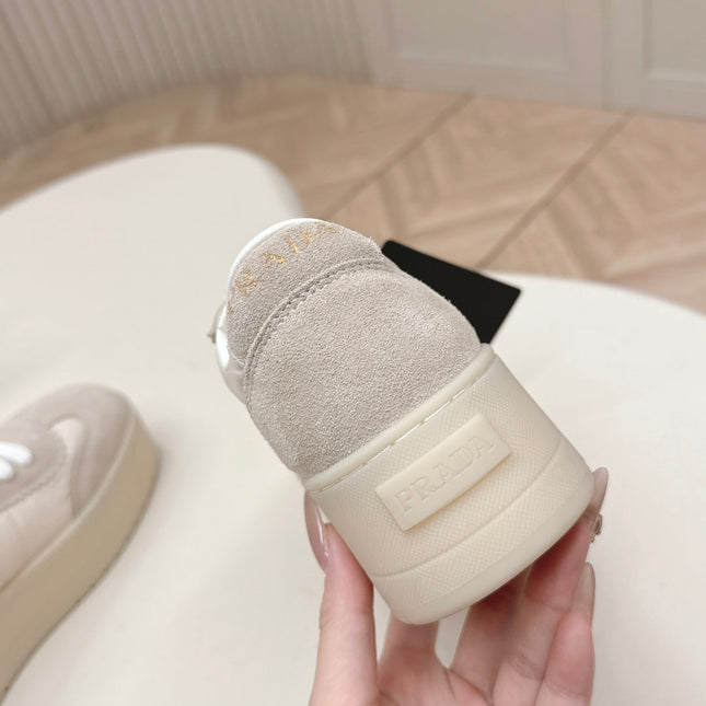 PRADA 26S PLATFORM SNEAKERS 50MM IN CREAM WHITE NYLON AND SUEDE