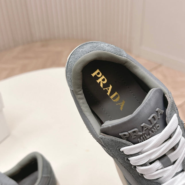 PRADA 26S PLATFORM SNEAKERS 50MM IN DARK GREY SUEDE
