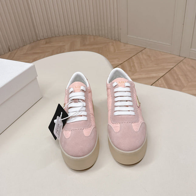 PRADA 26S PLATFORM SNEAKERS 50MM IN BLUSH PINK NYLON AND SUEDE