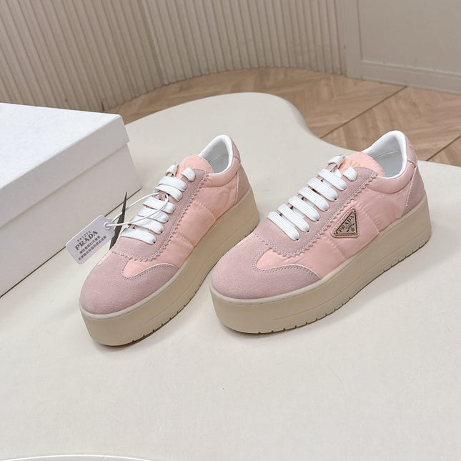 PRADA 26S PLATFORM SNEAKERS 50MM IN BLUSH PINK NYLON AND SUEDE