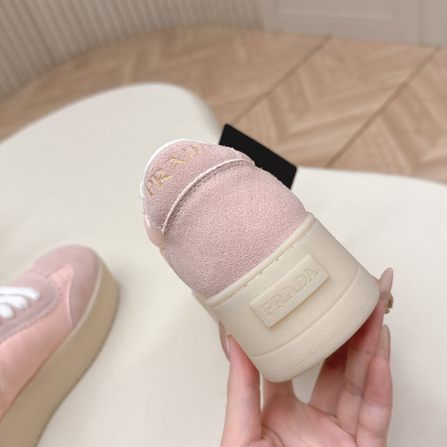 PRADA 26S PLATFORM SNEAKERS 50MM IN BLUSH PINK NYLON AND SUEDE